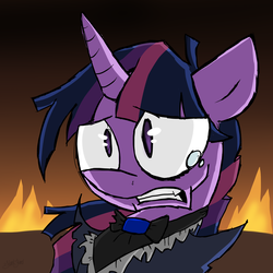Size: 2000x2000 | Tagged: safe, artist:heedheed, twilight sparkle, alicorn, pony, the count of monte rainbow, g4, clothes, crossover, crying, female, fire, hell to your doorstep, high res, monsparkle, solo, the count of monte cristo, twilight sparkle (alicorn)