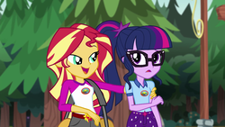 Size: 1280x720 | Tagged: safe, screencap, sci-twi, sunset shimmer, twilight sparkle, equestria girls, g4, my little pony equestria girls: legend of everfree, camp everfree outfits, clothes, duffle bag, glasses, shorts, tree