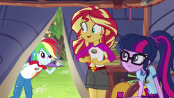 Size: 1280x720 | Tagged: safe, screencap, rainbow dash, sci-twi, sunset shimmer, twilight sparkle, equestria girls, g4, my little pony equestria girls: legend of everfree, bracelet, camp everfree outfits, clothes, female, jewelry, pants, shorts, smiling, sun, tent, tree, wristband