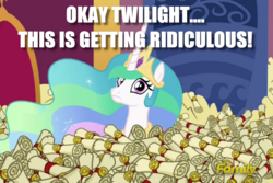 Size: 856x572 | Tagged: safe, screencap, princess celestia, alicorn, pony, g4, female, image macro, implied twilight sparkle, mare, meme, obsession, scroll, worried