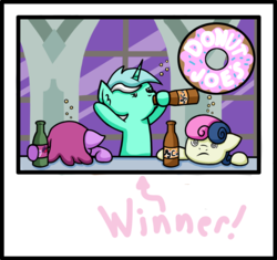 Size: 1363x1281 | Tagged: safe, artist:mangameister, berry punch, berryshine, bon bon, donut joe, lyra heartstrings, sweetie drops, earth pony, pony, unicorn, g4, cider, drunk, drunk bubbles, ear fluff, floppy ears, puppet, winner