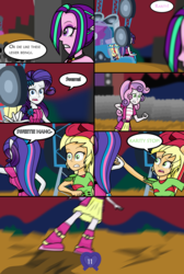 Size: 2785x4156 | Tagged: safe, artist:deannaphantom13, applejack, aria blaze, rarity, sweetie belle, comic:equestrian city, equestria girls, g4, my little pony equestria girls: rainbow rocks, boots, clothes, comic, dialogue, equestrian city, hat, high res, speech bubble