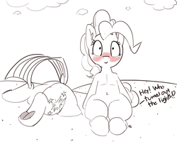 Size: 1280x1041 | Tagged: safe, artist:pabbley, pinkie pie, twilight sparkle, earth pony, pony, unicorn, g4, beach, belly button, blushing, buried, butt, dialogue, dock, female, hey! who turned out the lights?, implied anal, implied horn penetration, implied penetration, mare, partial color, plot, underhoof, unicorn twilight, wide eyes