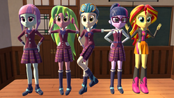 Size: 1920x1080 | Tagged: safe, artist:humberto2000, indigo zap, lemon zest, sci-twi, sunny flare, sunset shimmer, twilight sparkle, equestria girls, g4, 3d, boots, clothes, crystal prep academy uniform, glasses, goggles, hand on hip, headphones, high heel boots, school uniform, shoes, skirt, socks, source filmmaker, sunset shimmer's skirt