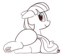 Size: 1280x1096 | Tagged: safe, artist:pabbley, coco pommel, earth pony, pony, g4, 30 minute art challenge, butt, dock, female, frog (hoof), lineart, looking back, partial color, plot, simple background, solo, underhoof, white background