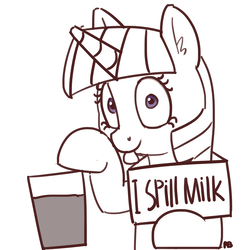 Size: 1280x1300 | Tagged: safe, artist:pabbley, twilight sparkle, pony, unicorn, g4, chocolate, chocolate milk, everything is ruined, exploitable meme, female, mare, meme, milk, partial color, pony shaming, pure unfiltered evil, shaming, simple background, solo, spilled milk, this will end in spilled milk, this will end in tears, tongue out, white background