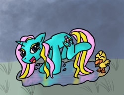 Size: 1082x832 | Tagged: safe, artist:quacksquared, dewdrop dazzle, duck, g4, puddle