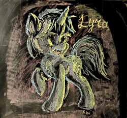 Size: 1321x1224 | Tagged: safe, artist:xbi, lyra heartstrings, pony, unicorn, g4, chalk drawing, female, fluffy, looking back, mare, open mouth, raised hoof, smiling, solo, traditional art
