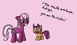 Size: 1660x967 | Tagged: safe, artist:quacksquared, cheerilee, scootaloo, g4, maury povich, sisters