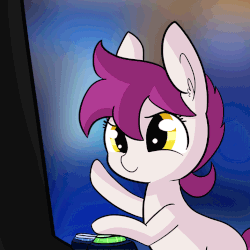 Size: 784x784 | Tagged: safe, artist:tjpones, oc, oc only, oc:montego de la fuego lord of the dance, earth pony, pony, animated, arcade machine, button mashing, commission, cute, female, flailing, gif, gradient background, groove coaster, hoofy-kicks, mare, ocbetes, raised eyebrow, smiling, smirk, solo, video game