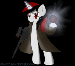 Size: 2500x2200 | Tagged: safe, artist:cloufy, oc, oc only, oc:blackjack, pony, unicorn, fallout equestria, bipedal, black background, clothes, female, gun, high res, hooves, horn, mare, optical sight, rifle, simple background, sniper rifle, solo, weapon