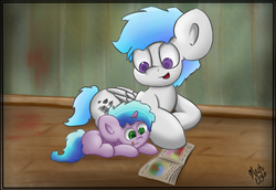 Size: 4500x3100 | Tagged: safe, artist:machstyle, oc, oc only, oc:fetch, oc:joey, pegasus, pony, unicorn, blue hair, book, duo, high res, male, prone, purple eyes, reading, signature, smiling, stallion, tongue out