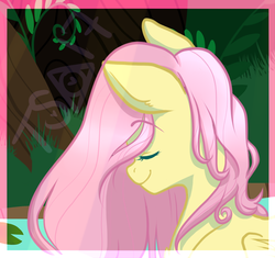 Size: 1280x1203 | Tagged: safe, artist:twisted-sketch, fluttershy, g4, bust, eyes closed, female, forest, pond, portrait, signature, smiling, solo