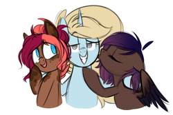 Size: 1024x684 | Tagged: safe, artist:kellythedrawinguni, oc, oc only, oc:evening howler, oc:kelly, oc:ruef, earth pony, pegasus, pony, unicorn, colored sketch, female, kissing, mare