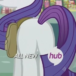 Size: 527x527 | Tagged: safe, screencap, rarity, pony, g4, inspiration manifestation, my little pony: friendship is magic, all new, butt, cropped, female, hub logo, hubble, mare, plot, rearity, solo, text