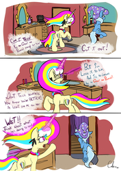 Size: 3507x4960 | Tagged: safe, artist:calena, trixie, oc, oc:trinity deblanc, pony, unicorn, g4, absurd resolution, baton, box, comic strip, dialogue, door, drawer, ear piercing, earring, eyeliner, hat, hooves, horseshoes, jewelry, makeup, mirror, multicolored hair, perfume, piercing, shipping