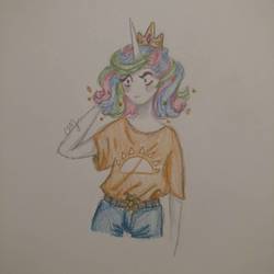 Size: 1942x1942 | Tagged: safe, artist:last-star-oc, princess celestia, human, g4, alternate hairstyle, blushing, clothes, crown, horn, horned humanization, humanized, jeans, jewelry, pants, photo, regalia, shirt, t-shirt, traditional art, younger
