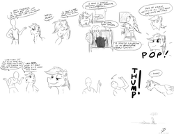 Size: 2997x2309 | Tagged: safe, artist:testostepone, oc, oc only, oc:turquoise, human, pony, black and white, comic, dialogue, grayscale, high res, monochrome