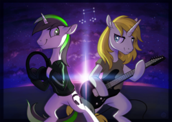 Size: 1800x1273 | Tagged: safe, artist:stasysolitude, oc, oc only, oc:soul strings, pony, unicorn, bipedal, clothes, constellation, duo, electric guitar, guitar, headphones, male, musical instrument, night, shirt, stallion