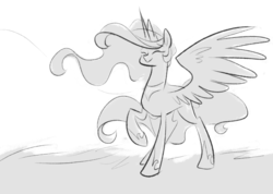 Size: 1280x913 | Tagged: safe, artist:egophiliac, princess celestia, alicorn, pony, moonstuck, g4, ask, cute, cutelestia, eyes closed, female, grayscale, happy, mare, monochrome, raised hoof, simple background, sketch, smiling, solo, spread wings, tumblr, white background, wings