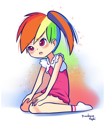 Size: 720x864 | Tagged: safe, artist:drantyno, rainbow dash, human, g4, alternate hairstyle, blushing, clothes, cute, dashabetes, dress, female, humanized, light skin, rainbow dash always dresses in style, short dress, side ponytail, solo, younger