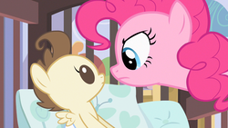 Size: 1280x720 | Tagged: safe, screencap, pinkie pie, pound cake, pony, baby cakes, g4, angry, baby, crib, diaper, pillow, stare, the stare