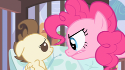 Size: 1280x720 | Tagged: safe, screencap, pinkie pie, pound cake, pony, baby cakes, g4, my little pony: friendship is magic, angry, baby, crib, diaper, pillow