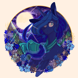 Size: 4133x4133 | Tagged: safe, artist:keursh29, princess luna, g4, absurd resolution, clothes, female, flower, moon, night, scarf, solo