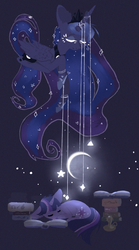 Size: 1000x1800 | Tagged: dead source, safe, artist:rinioshi, princess luna, twilight sparkle, g4, book, dream walker luna, eyes closed, moon, prone, sleeping, stars