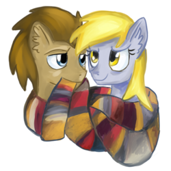 Size: 500x500 | Tagged: safe, artist:kassberke, derpy hooves, doctor whooves, time turner, earth pony, pegasus, pony, g4, clothes, duo, female, fourth doctor's scarf, male, mare, scarf, simple background, stallion, striped scarf, white background