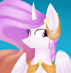 Size: 400x409 | Tagged: safe, artist:scoobert-doobert, princess celestia, alicorn, pony, g4, bust, female, horn, pink-mane celestia, portrait, sharp horn, simple background, smiling, solo, spread wings, wings