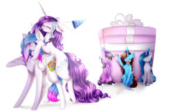 Size: 3980x2580 | Tagged: safe, artist:magicalbrownie, oc, oc only, oc:amanda, oc:dess, oc:heart light, oc:magical brownie, earth pony, pegasus, pony, unicorn, female, hat, high res, mare, party hat, present