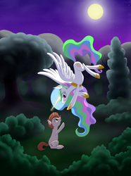 Size: 1499x2015 | Tagged: safe, artist:3luk, princess celestia, oc, oc:middle way, alicorn, pony, unicorn, g4, female, flying, forest, mare, moon, night