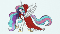 Size: 1920x1080 | Tagged: safe, artist:3luk, princess celestia, alicorn, pony, g4, bow, clothes, costume, female, hat, looking at you, pixel art, santa costume, santa hat, simple background, solo, spread wings, wings
