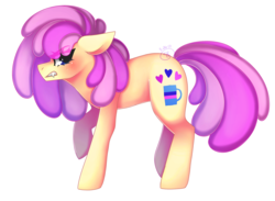 Size: 1831x1343 | Tagged: safe, artist:starshame, oc, oc only, oc:vanilla swirl, earth pony, pony, angry, art trade, blushing, cute, cutie mark, ears back, eye clipping through hair, fangs, female, fluffy hair, gritted teeth, looking at you, missing accessory, outline, raised hoof, simple background, solo, teeth, transparent background