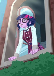 Size: 990x1400 | Tagged: safe, artist:robbiecave, sci-twi, twilight sparkle, equestria girls, g4, my little pony equestria girls: friendship games, clothes, female, glasses, scene interpretation, school uniform, solo, what more is out there, window