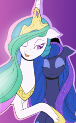 Size: 796x1280 | Tagged: safe, artist:twittershy, princess celestia, princess luna, alicorn, pony, g4, crown, cute, eyes closed, female, floppy ears, hug, jewelry, mare, nya, open mouth, peytral, regalia, royal sisters, simple background