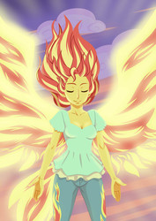 Size: 919x1300 | Tagged: safe, artist:robbiecave, sunset shimmer, equestria girls, g4, my little pony equestria girls: rainbow rocks, my past is not today, clothes, eyes closed, female, pants, scene interpretation, smiling, solo, sunset phoenix