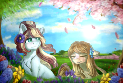 Size: 1024x691 | Tagged: safe, artist:jazzerix, oc, oc only, earth pony, pony, cloud, contest entry, duo, eyes closed, female, floppy ears, flower, flower in hair, flower petals, grass, hair bun, mare, ponysona, scenery, sky, smiling, tree