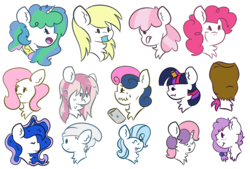 Size: 1700x1150 | Tagged: safe, artist:twittershy, bon bon, cheerilee, derpy hooves, pinkie pie, princess celestia, princess luna, roseluck, sweetie belle, sweetie drops, trixie, twilight sparkle, oc, alicorn, pony, g4, alternate hairstyle, bust, eyes closed, female, mare, open mouth, paper bag, portrait, simple background, smiling, transparent background, unamused