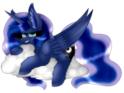 Size: 4000x3000 | Tagged: safe, artist:blackmoonpaints, artist:vanillaswirl6, princess luna, alicorn, pony, g4, bedroom eyes, big ears, cheek fluff, chest fluff, cloud, collaboration, cute, cutie mark, ear fluff, female, fluffy, lidded eyes, looking at you, lunabetes, lying, mare, missing accessory, on a cloud, prone, shiny, simple background, smiling, solo, teeth, transparent background, wing fluff