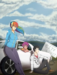 Size: 2449x3226 | Tagged: safe, artist:ninja-8004, rainbow dash, scootaloo, oc, human, g4, alternate hairstyle, car, clothes, cloud, commission, high res, hoodie, humanized, humanized oc, pants, ponytail, trio, windswept hair