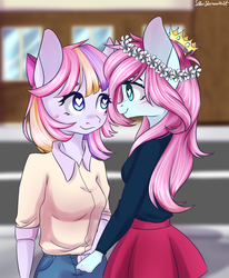 Size: 1400x1700 | Tagged: safe, artist:silbersternenlicht, oc, oc only, earth pony, anthro, anthro oc, blushing, clothes, crown, cute, female, floral head wreath, flower, heart, heart eyes, jewelry, lesbian, looking at each other, mare, multicolored hair, regalia, shirt, skirt, smiling, wingding eyes