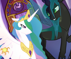 Size: 1140x954 | Tagged: safe, artist:runxkidxrun, princess celestia, queen chrysalis, alicorn, changeling, changeling queen, pony, g4, crown, female, jewelry, peytral, regalia, smiling, unamused