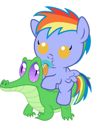 Size: 786x1017 | Tagged: safe, artist:red4567, gummy, rainbow blaze, pony, g4, baby, baby pony, cute, pacifier, ponies riding gators, rainbow blaze riding gummy, riding