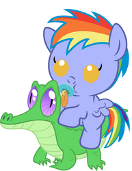 Size: 786x1017 | Tagged: safe, artist:red4567, gummy, rainbow blaze, pony, g4, baby, baby pony, cute, pacifier, ponies riding gators, riding