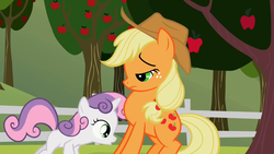 Size: 1280x720 | Tagged: safe, screencap, applejack, sweetie belle, pony, g4, sisterhooves social