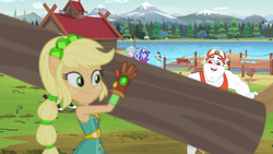 Size: 1280x720 | Tagged: safe, screencap, applejack, bon bon, bulk biceps, princess celestia, princess luna, principal celestia, sweetie drops, vice principal luna, equestria girls, g4, my little pony equestria girls: legend of everfree, camp everfree outfits, cap, clothes, crystal guardian, ear piercing, earring, freckles, gloves, hat, jewelry, lantern, mountain, piercing, ponied up, shipping fuel, shoes, sneakers, socks, super strength, tree