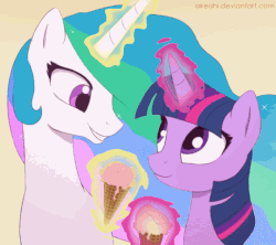Size: 540x480 | Tagged: safe, artist:akeahi, artist:szafir87, princess celestia, twilight sparkle, alicorn, pony, g4, animated, blinking, blushing, boop, bust, cute, cutelestia, duo, female, food, gif, glowing, glowing horn, grin, horn, ice cream, ice cream on nose, lesbian, looking at each other, looking at someone, magic, mare, ship:twilestia, shipping, smiling, telekinesis, twiabetes, twilight sparkle (alicorn), wavy mouth