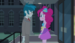 Size: 3386x1955 | Tagged: safe, artist:mlprocker123, pinkie pie, thunderbass, equestria girls, g4, blushing, canterlot high, clothes, cute, door, dress, fall formal outfits, female, hat, looking at each other, male, pinkiebass, shipping, smiling, standing, straight, suit